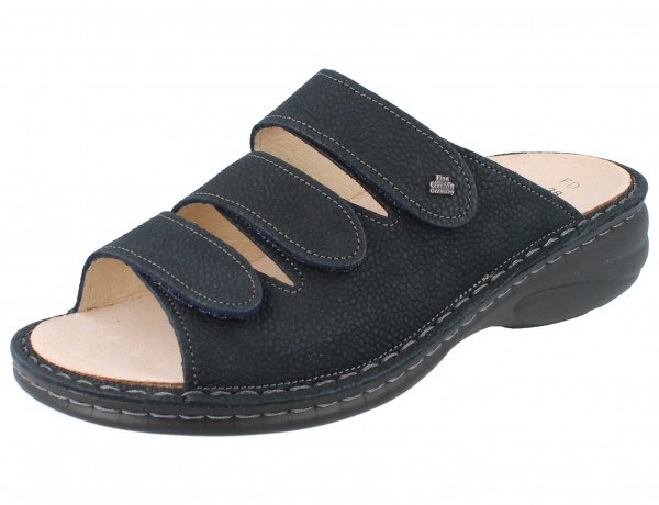 Finn Comfort Damen Pantolette mit drei Klettrimen aus Nubukleder in Dunkelblau