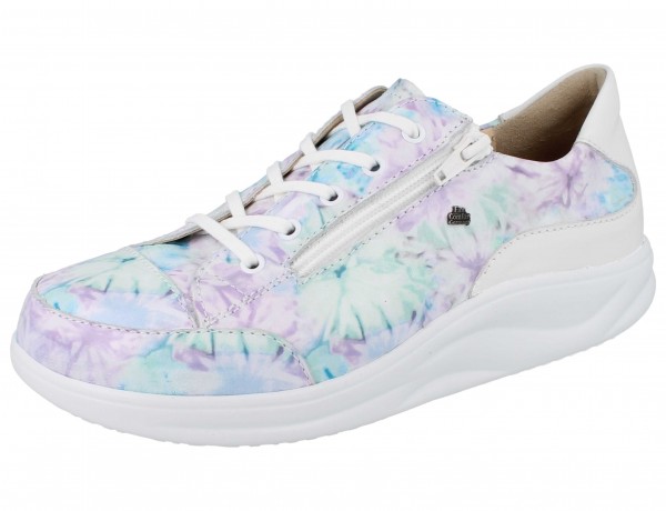 Finn Comfort weiß-blau-lila mit blumen bedruckte Damen Schnürhalbschuh mit Reißverschluss und heller Abrollsohle aus Glattleder