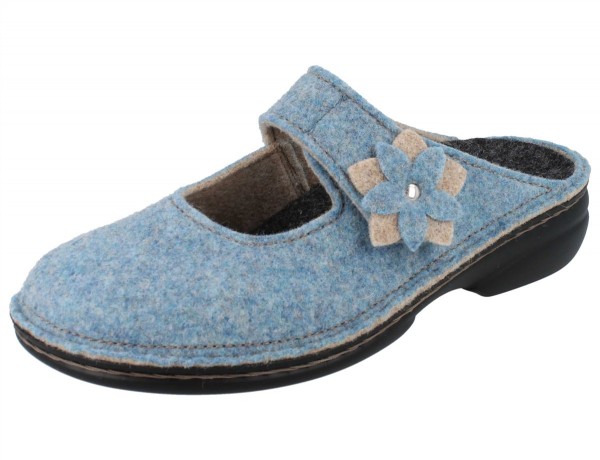 hellblauer Damen Filzclog Hausschuh mit einem Klettriemen beige blauer Blume schwarze Sohle