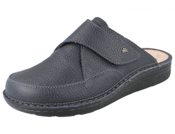 Finn Comfort Herren Clogs aus dunkelblauem Glattleder mit einem Klettverschluss