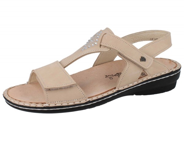 Elegante Finn Comfort Damen Sandalette mit Kristallen & beigem Nubukleder