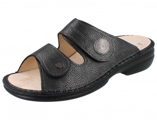 Finn Comfort Damen Pantolette mit zwei Klettriemen und Schmuckstein aus Glattleder in Carbongrau