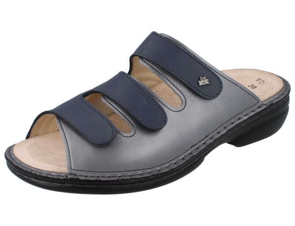 Finn Comfort Damen Pantolette mit drei Klettriemen blau grau Glattleder Stretch