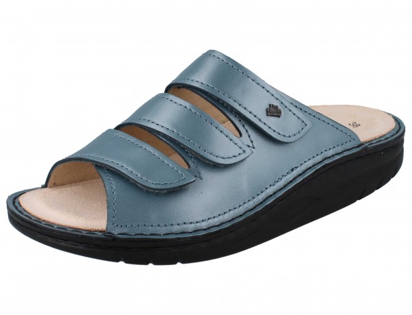 Finn comfort jeansblau glänzende Glattleder Damen Pantolette mit drei Riemen