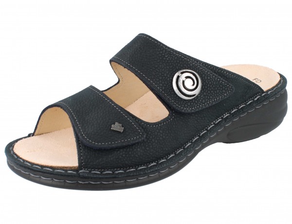 Finn Comfort Damen Pantolette mit zwei Klettriemen und Schmuckstein aus dunkelblauem Nubukleder