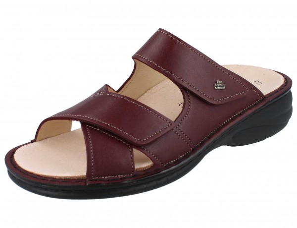 Bordo Rote Damen Pantolette mit zwei Klettriemen schwarze Sohle Glattleder Wechselfußbett