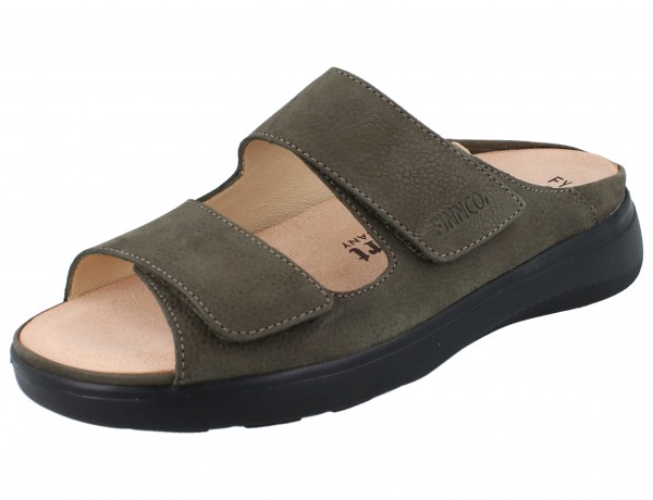 Olivgrüne Damen Pantolette mit zwei Klettriemen und schwarzer Sohle Wechselfußbett