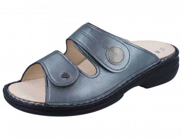 Finn Comfort Damen Pantolette Klettverschluss blau schimmernd Effektleder