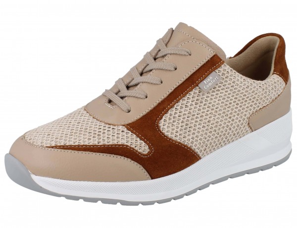 Damenstretchsneaker mit Reißverschluss und Wechselfußbett in schmaler Weite in beige mit Mesh und Leder