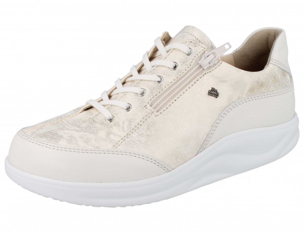 Sommerlicher Damen Schnür-Sneaker mit seitlichem Reißverschluss in creme-beige mit Goldschimmer 