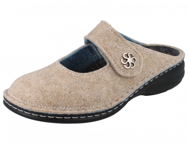 Finn Comfort Damen Clog mit Klettverschluss und Schmuckstein beige Wollfilz