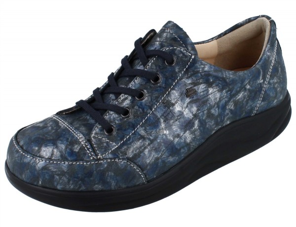 Blau grau silberne Damen Schnürhalbschuhe aus bedrucktem Nubukleder mit Abrollsohle