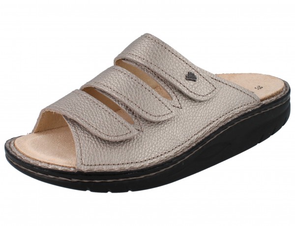 metallic beige genarbte Klettpantolette mit drei Riemen Glattleder schwarze Sohle