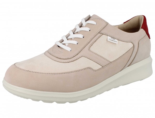 Finn Comfort beiger Damen Schnürschuh mit Reißverschluss, rote Fersenkappe, Nubukleder und Stretch