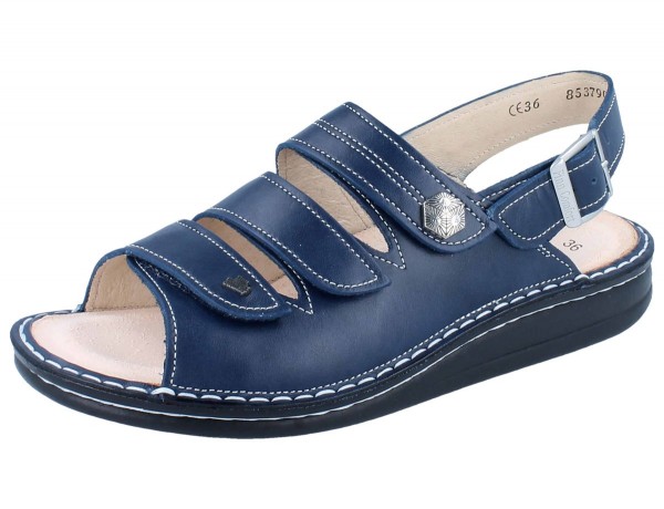 Weich gepolsterte Damen Sandale mit flachem Absatz aus blauem Glattleder