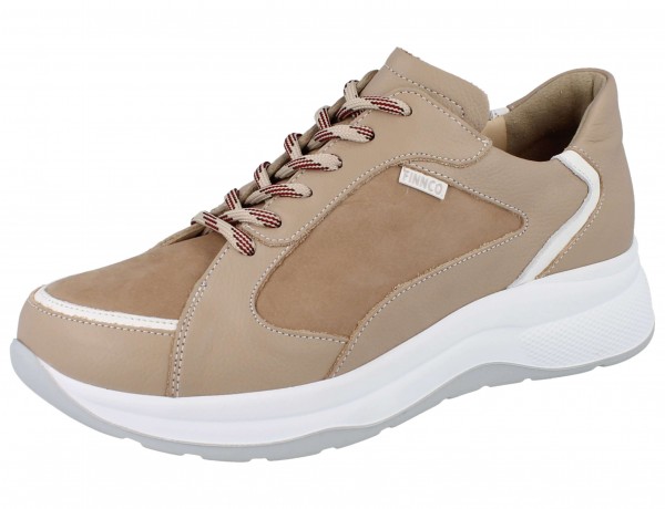 sportlicher Damensneaker beige Nubuk und Glattleder mit weißem Sohlenrand uns Wechselfußbett