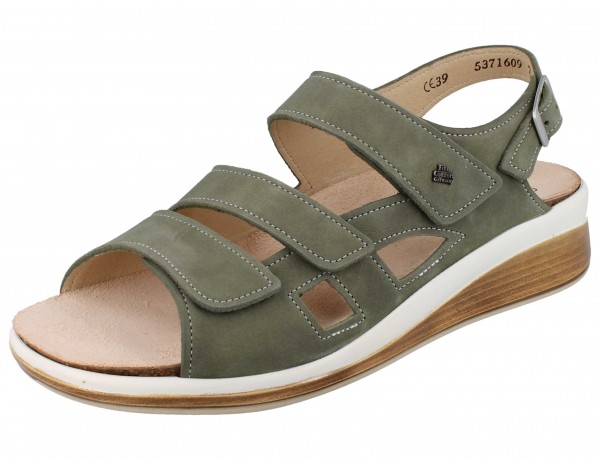 Farngrüne Damen Riemchensandale mit Keilabsatz in braun und weiss mit Wechselfußbett