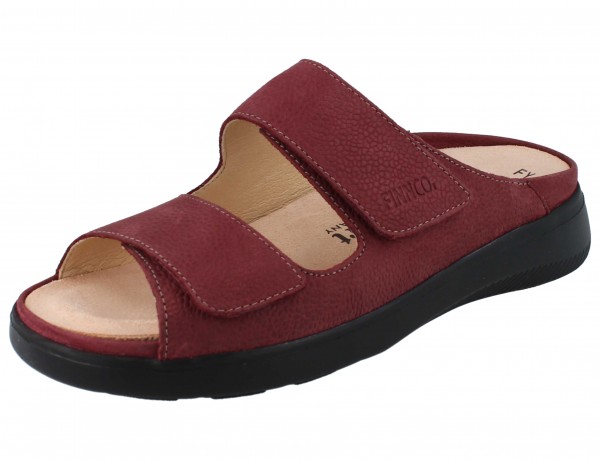 Weinrote Damen Klett Pantolette mit zwei Riemen schwarze Sohle weiches Wechselfußbett
