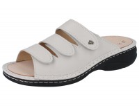 grauweiße Damenbequempantolette aus Glattleder mit drei Klettverschlüssen und dunkler Sohle und Wechselfußbett grauweiße Damenbequempantolette aus Glattleder mit drei Klettverschlüssen und dunkler Sohle und Wechselfußbett