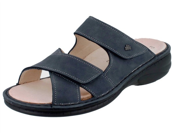 Blau-graue Damen Nubuklederpantolette mit zwei Klettriemen und Wechselfußbett