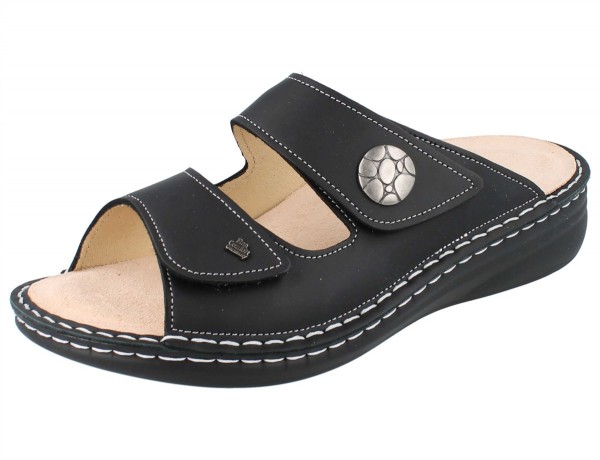 Finn Comfort extra weiche Damen Pantolette, zwei Klettriemen und Schmuckstein, aus Glattleder in Schwarz, weiße Nähte