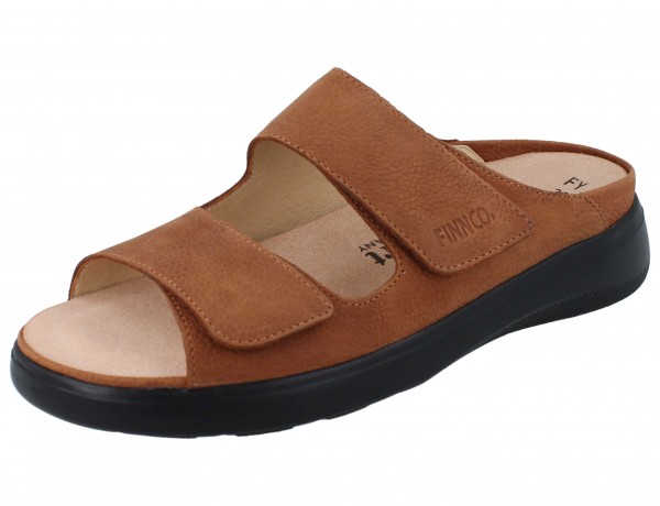 braune Damen Pantoeltte Nubukleder genarbt schwarze Sohle zwei Klettriemen