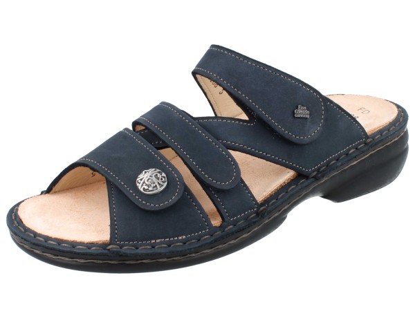 Blau-graue Damen Pantolette mit drei Klettverschlüssen und Wechselfußbett