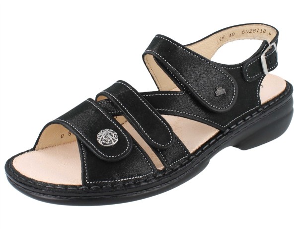 Schwarz schimmernde Damen Sandalette mit drei Klettriemen und Fersenriemen in schwarzem Nubukleder