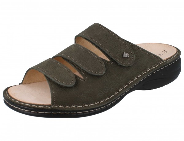 Finn Comfort Damen Pantolette mit drei Klettriemen aus Nubukleder in Olivegrün