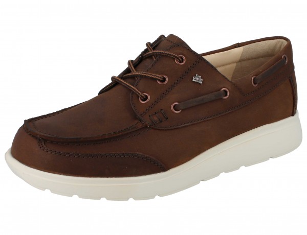 Finn Comfort dunkelbrauner Herren Schnürhalbschuh Bootsschuh, heller Sohlenrand, Nubukleder