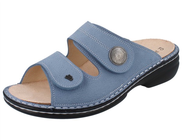 Finn Comfort Damen Pantolette hellblau mit 2 Klettriemen und genarbtem Nubukleder