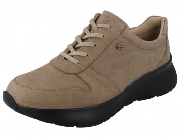 Finn Comfort Leganes sportlicher Damen Schnürsneaker aus genarbtem Nubukleder in Beige schwarzer Sohle