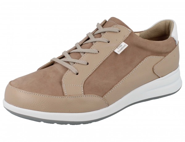 Damen Schnürsneaker mit innenliegendem Reißverschluss aus beigefarbener Nubuk-Glattlederkombination mit weißem Detail an der Fersenkappe und weißer Sohle 0