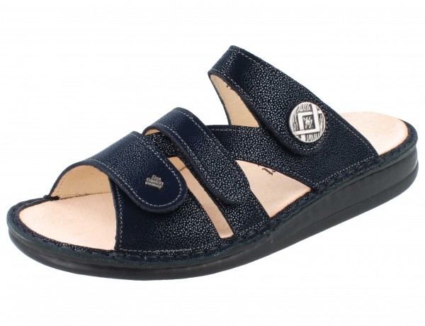 Finn Comfort Damen Pantolette drei Klettriemen Schmuckstein dunkelblau Glattleder