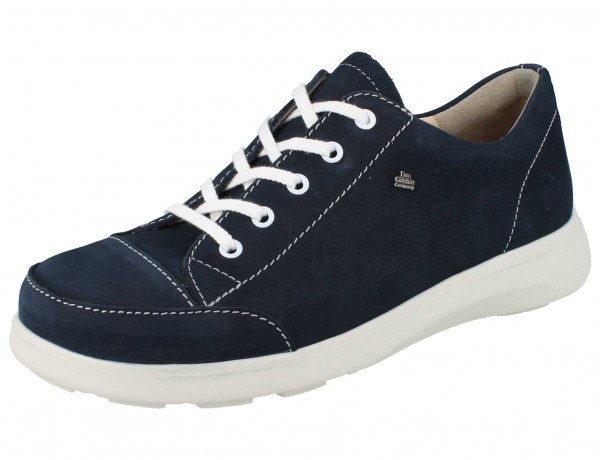 Finn Comfort Damen marinefarbene Schnürhalbschuhe mit weißen Senkeln und heller Sohle, Nubukleder