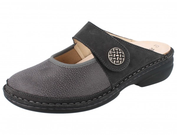 Finn Comfort Damen Clog mit einem Klettriemen und Schmuckstein aus Stretchmaterial und Nubukleder aus Dunkelgrau