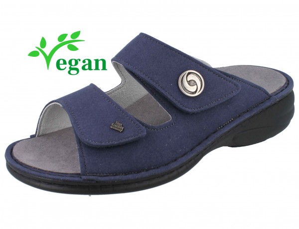 dunkelblaue Damen Bequem Pantolette mit zwei Klettriemen Metalemblem schwarze Sohle